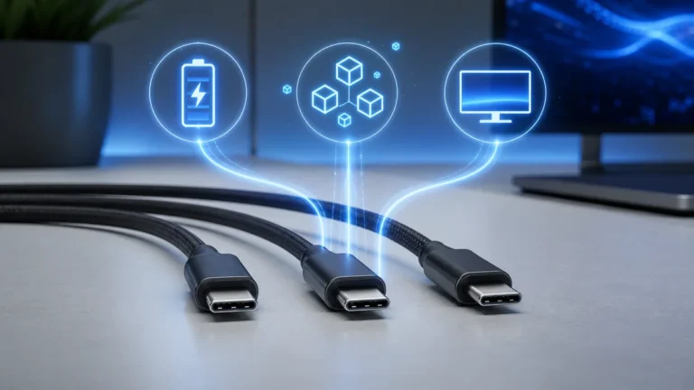 USB-C kabloların şarj veri ve görüntü yeteneklerini gösteren görsel