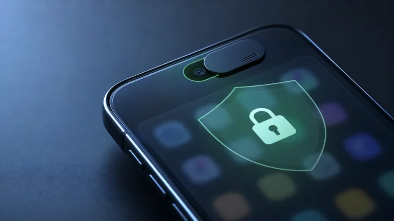 A smartphone camera protected by a privacy shutter and permission control