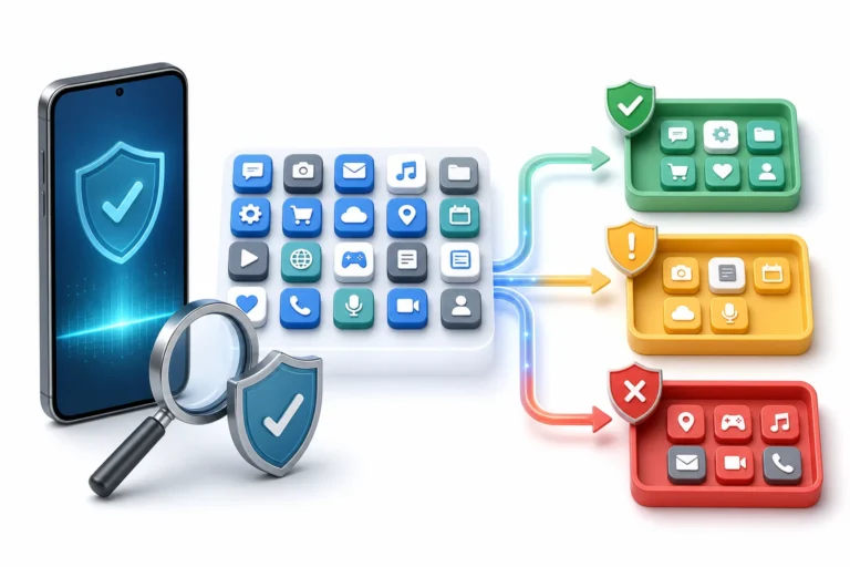 Installed mobile apps sorted into security review groups
