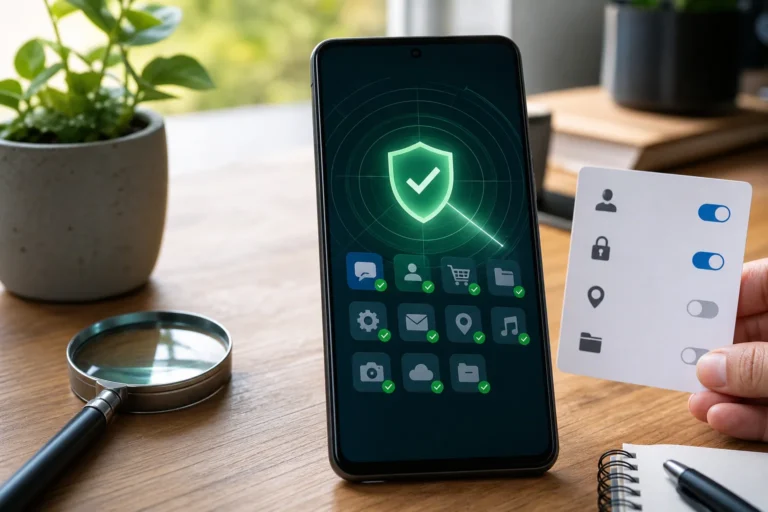 Telefondaki uygulamaları tarayan güvenlik kalkanı ve izin kartı