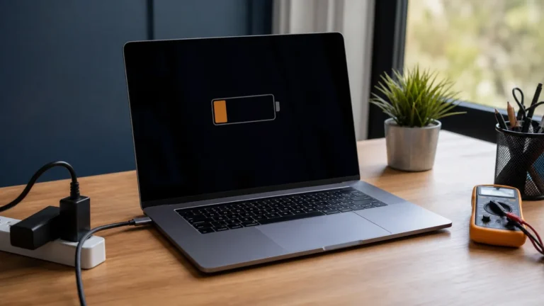 Şarja bağlı fakat dolmayan laptop, adaptör ve ölçüm cihazı