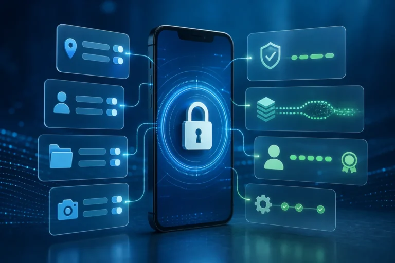Phone surrounded by privacy permissions and security signals